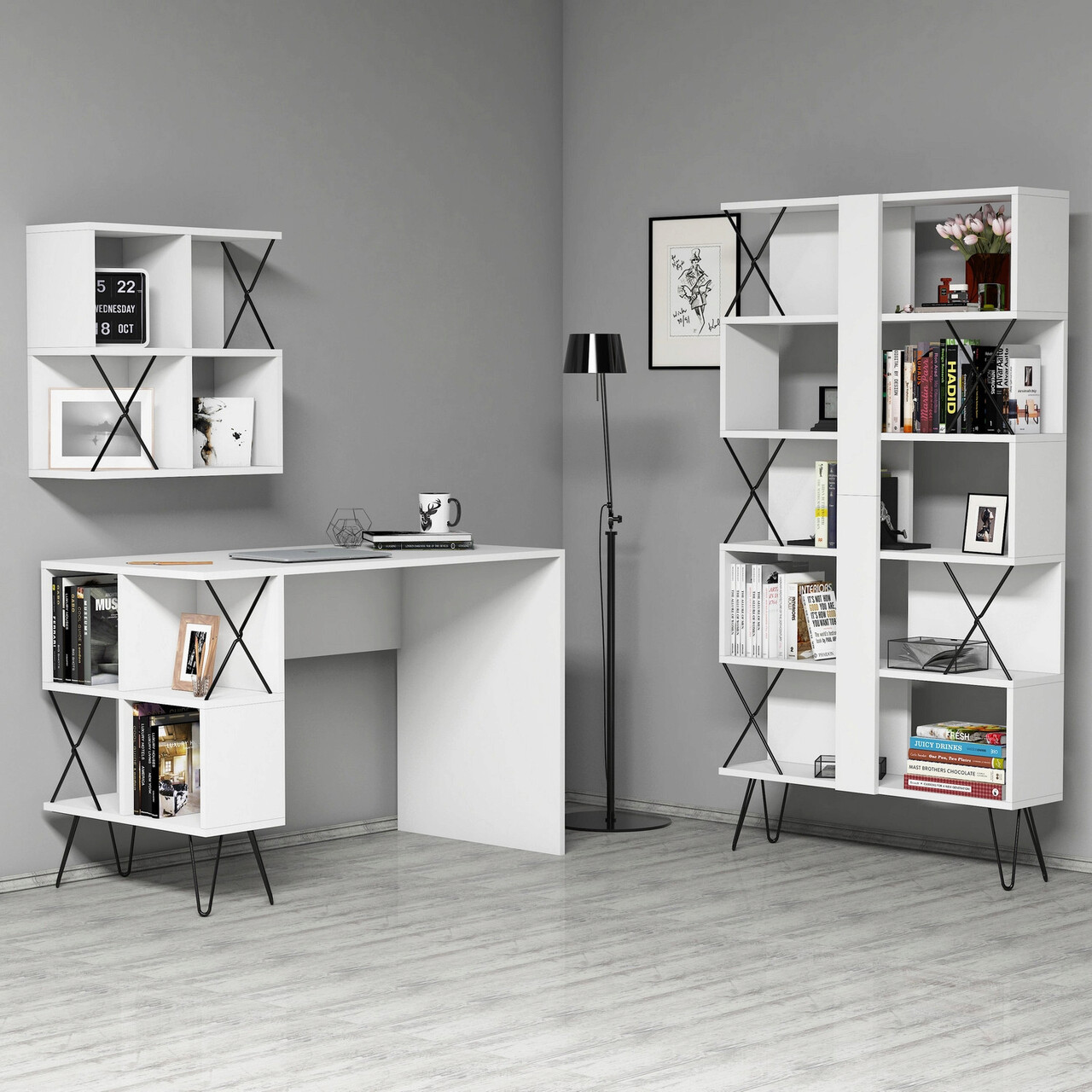 Set birou si biblioteca, Hanah Home, Extra 2, 120x78.8x60 cm, Alb/Negru - imagine 6